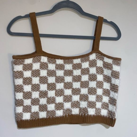 Hazel Moon Brown Cream Checkered Fuzzy Soft Cami Crop Top, Size Medium - Picture 2 of 10